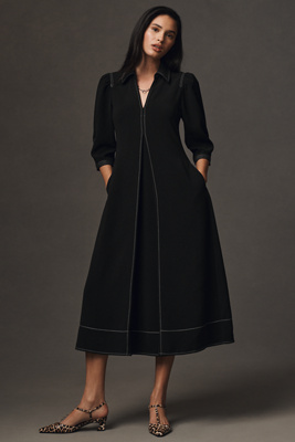 ENGLISH FACTORY LONG-SLEEVE COLLARED CENTER-PLEAT A-LINE MIDI DRESS 
