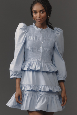 ENGLISH FACTORY PUFF-SLEEVE SMOCKED RUFFLED MINI DRESS 