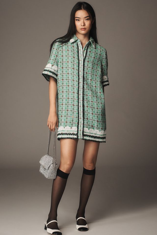 English Factory Short-Sleeve Beaded Mini Shirt Dress