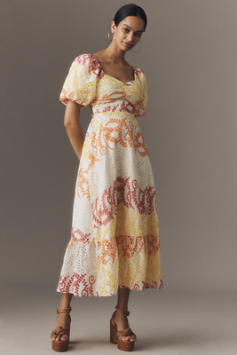 ENGLISH FACTORY SHORT-SLEEVE SWEETHEART BABYDOLL MIDI DRESS 