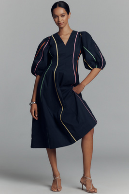 ENGLISH FACTORY PUFF-SLEEVE V-NECK PIPED MIDI DRESS 