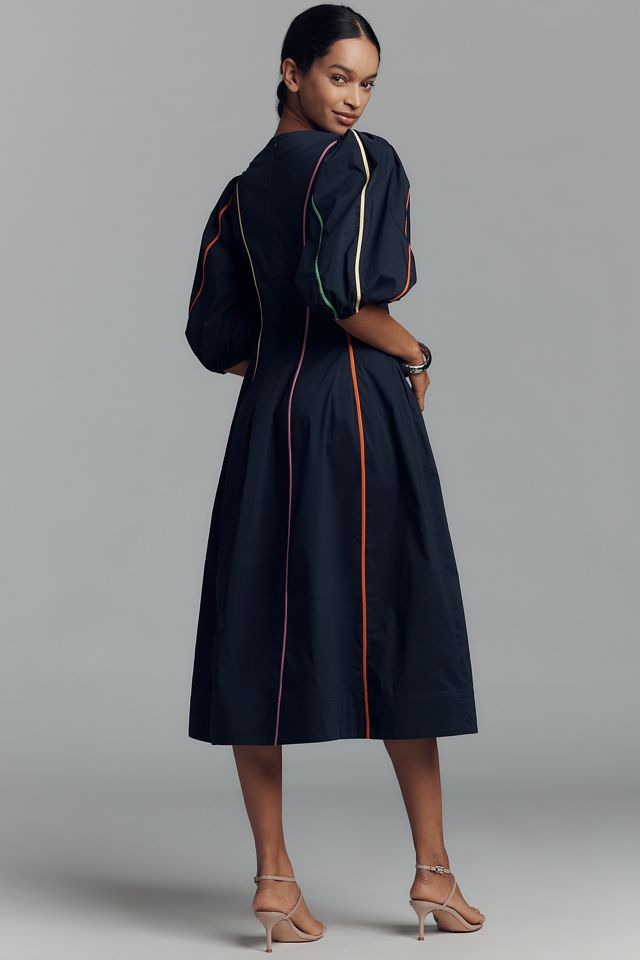 English Factory Puff-Sleeve V-Neck Piped Midi Dress #1