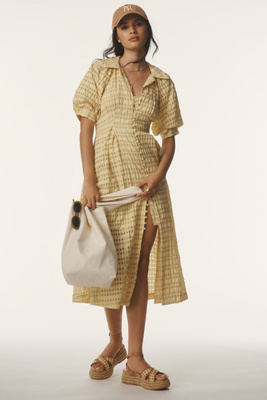 ENGLISH FACTORY SHORT-SLEEVE V-NECK A-LINE MIDI SHIRT DRESS 