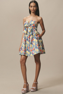 ENGLISH FACTORY STRAPLESS TIE-FRONT COTTON MINI DRESS 