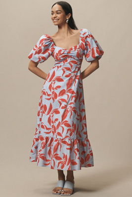 ENGLISH FACTORY PUFF-SLEEVE TIE-BACK COTTON MIDI DRESS 