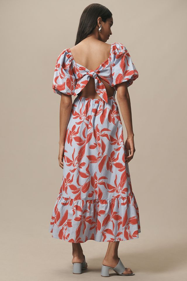English Factory Puff-Sleeve Tie-Back Cotton Midi Dress