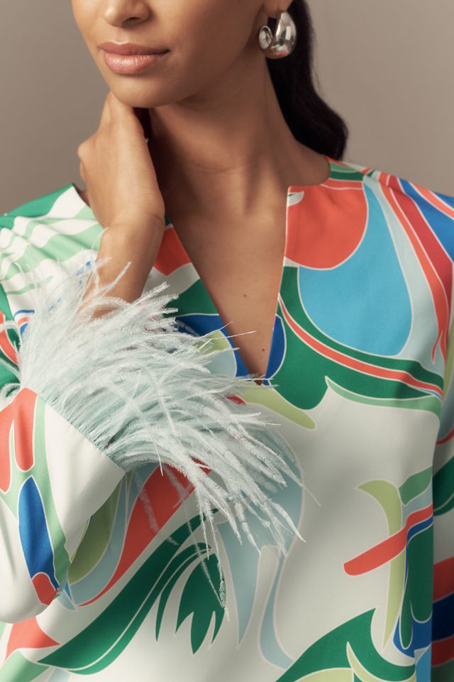 English Factory V-Neck Feather-Cuff Mini Shift Dress #1