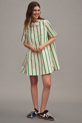 English Factory Striped Kaftan Mini Dress In Cream Green Stripe In Multicolor