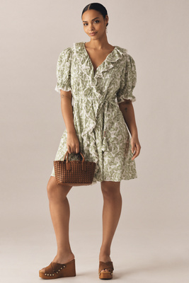English Factory Plus Puff-sleeve V-neck Ruffled Mini Dress In Multicolor