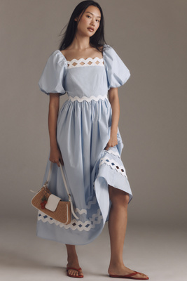 ENGLISH FACTORY RIC RAC PUFF-SLEEVE MIDI DRESS 