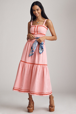 ENGLISH FACTORY LINEN COTTON RIC RAC MIDI DRESS 