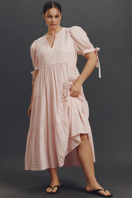 English Factory Plus Puff-sleeve V-neck Tiered Midi Dress In Pink