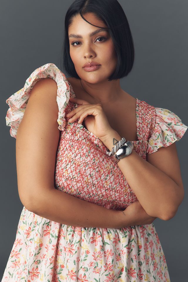 English Factory Plus Flutter-Sleeve Square-Neck Smocked Midi Dress #1