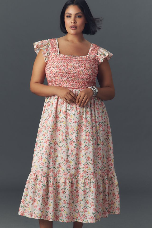 English Factory Plus Flutter-Sleeve Square-Neck Smocked Midi Dress #3