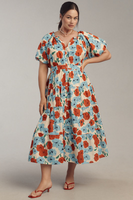English Factory Plus Puff-Sleeve Tiered Floral Midi Dress | Anthropologie