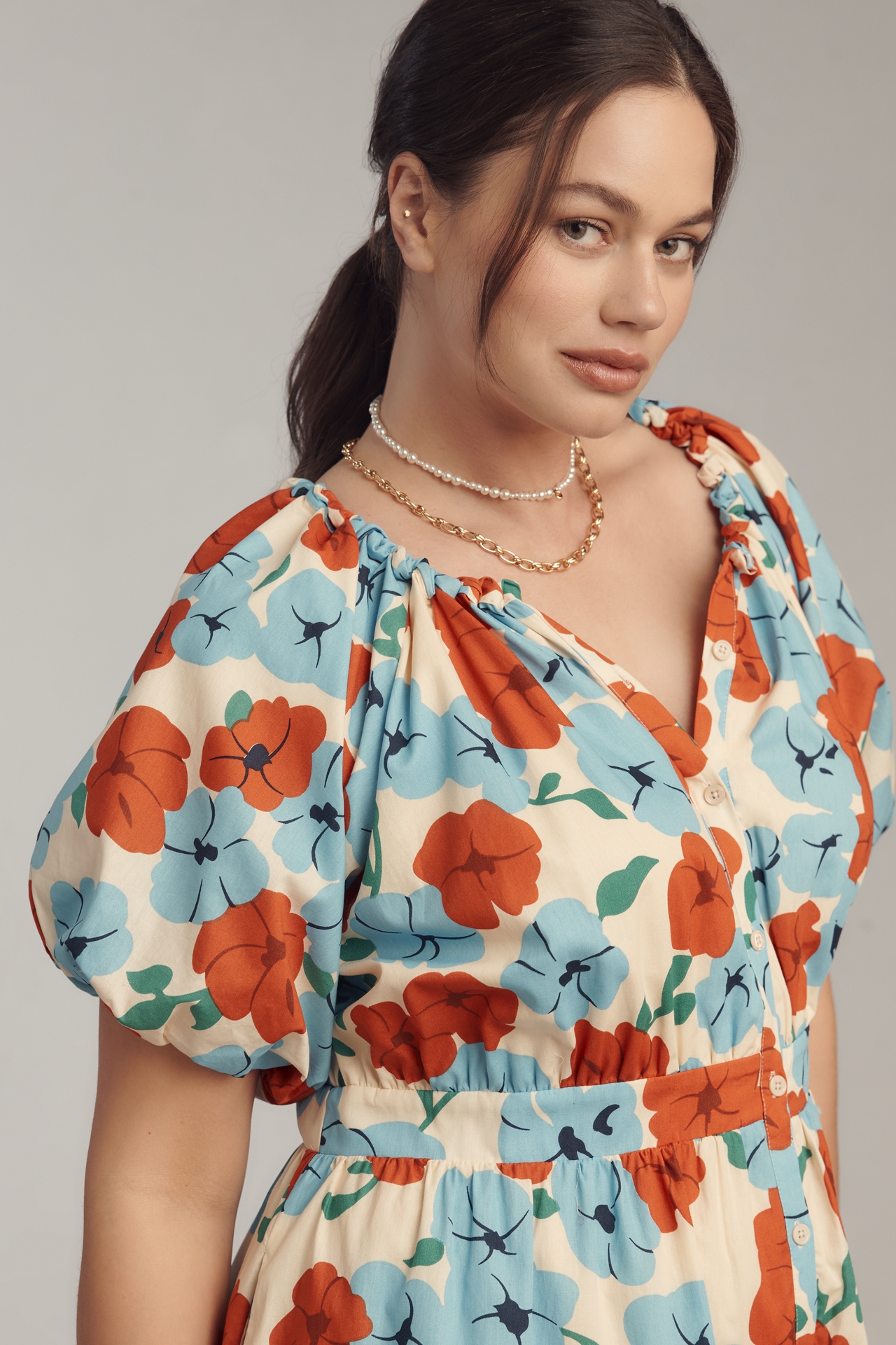 English Factory Plus Puff-Sleeve Tiered Floral Midi Dress