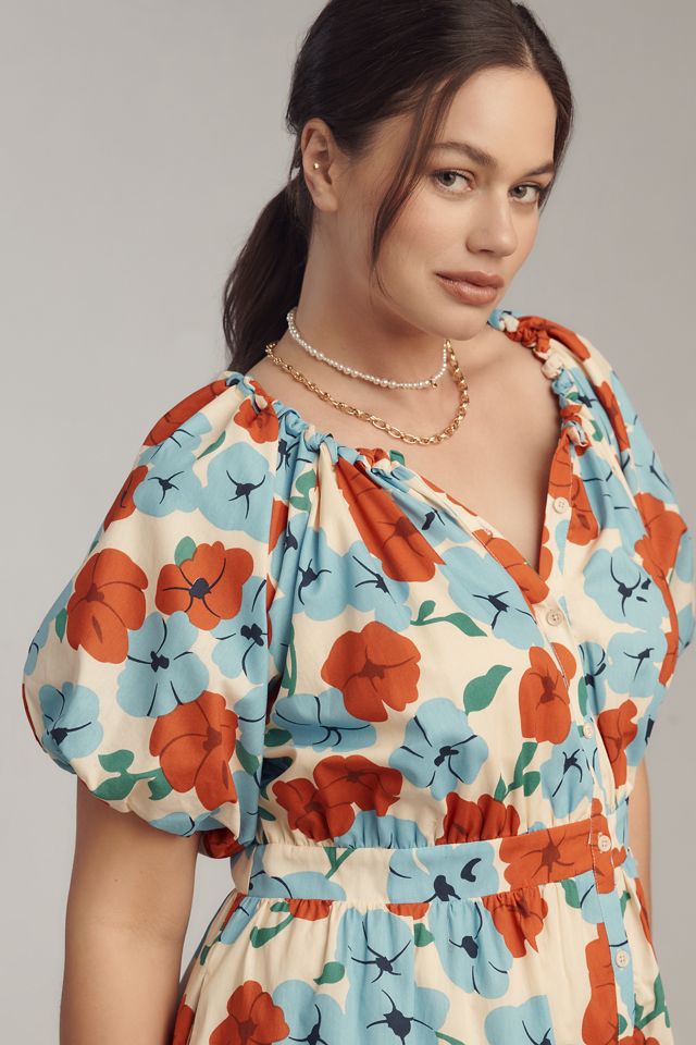 English Factory Plus Puff-Sleeve Tiered Floral Midi Dress #1