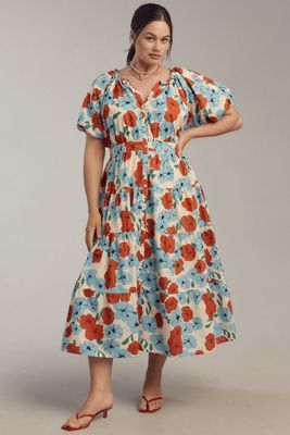 English Factory Plus Puff-Sleeve Tiered Floral Midi Dress