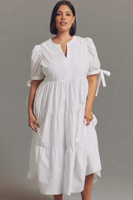 English Factory Plus Short-sleeve Tiered Midi Dress In White
