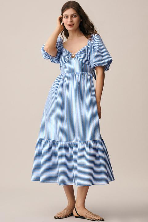 English Factory Puff-Sleeve Sweetheart A-Line Midi Dress