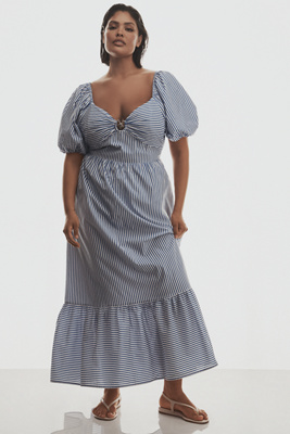 Puff-Sleeve Sweetheart A-Line Midi Dress