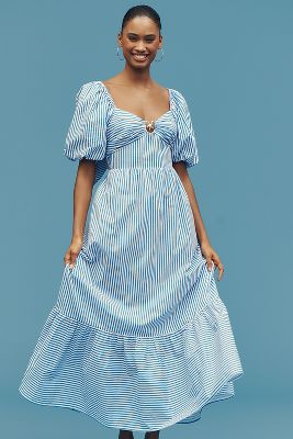 ENGLISH FACTORY PUFF-SLEEVE OPEN-BACK A-LINE MIDI DRESS 