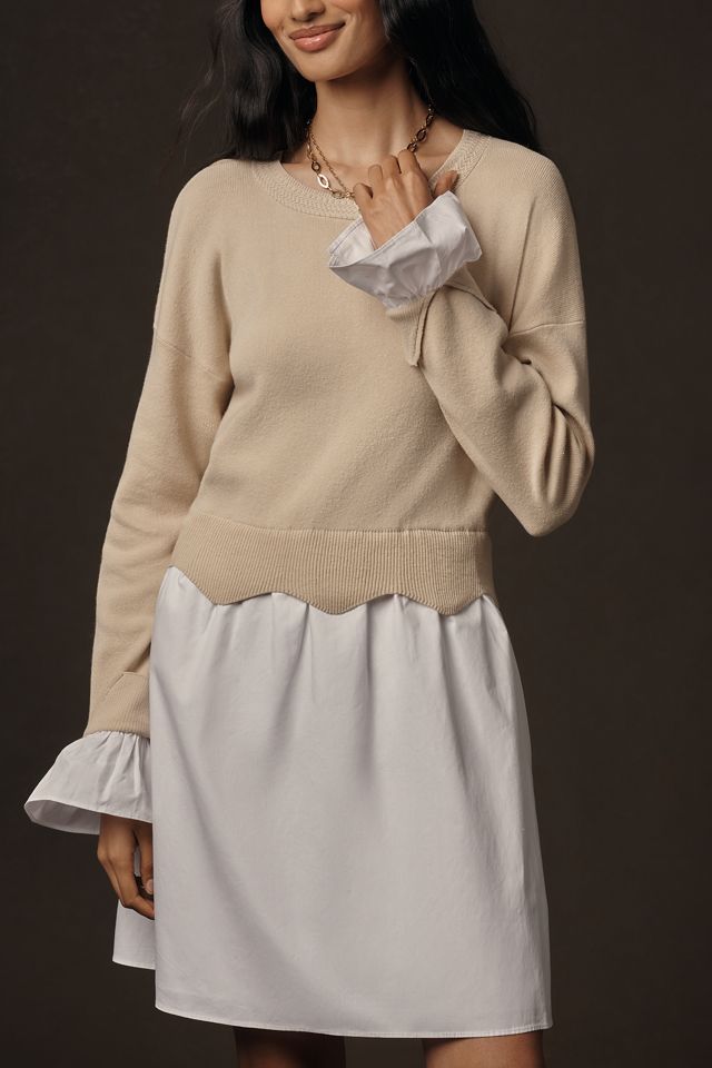 English Factory Linen Blend Long-Sleeve Sweater Twofer Mini Dress #2