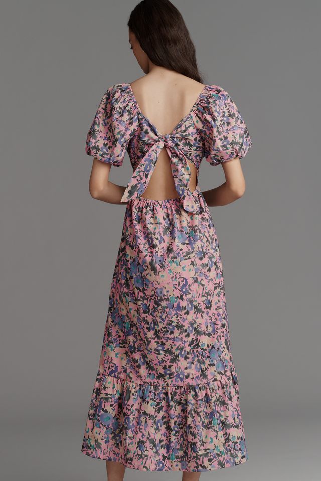 knee length dresses for ladies Puff Short Sleeve Square Neck Midi Dress – English Factory