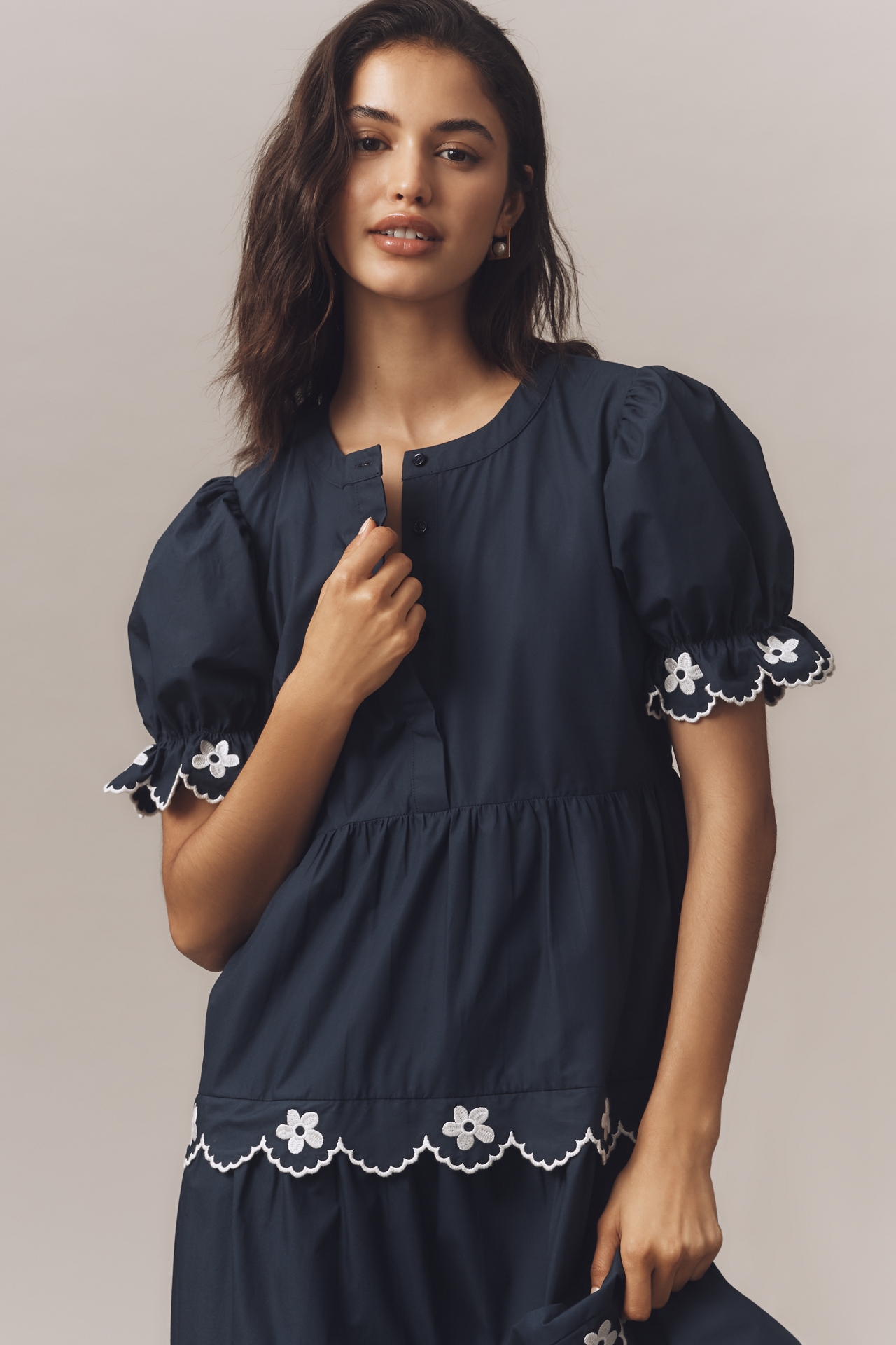 English Factory Puff-Sleeve Embroidered Midi Dress