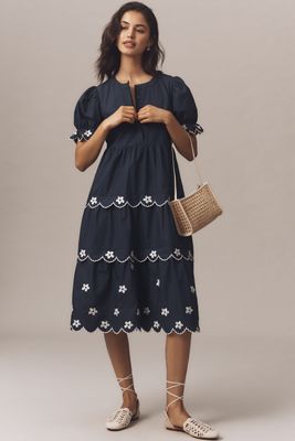 English Factory Puff-Sleeve Embroidered Midi Dress