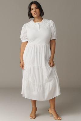 English Factory Puff-sleeve Piped Midi Dress In White