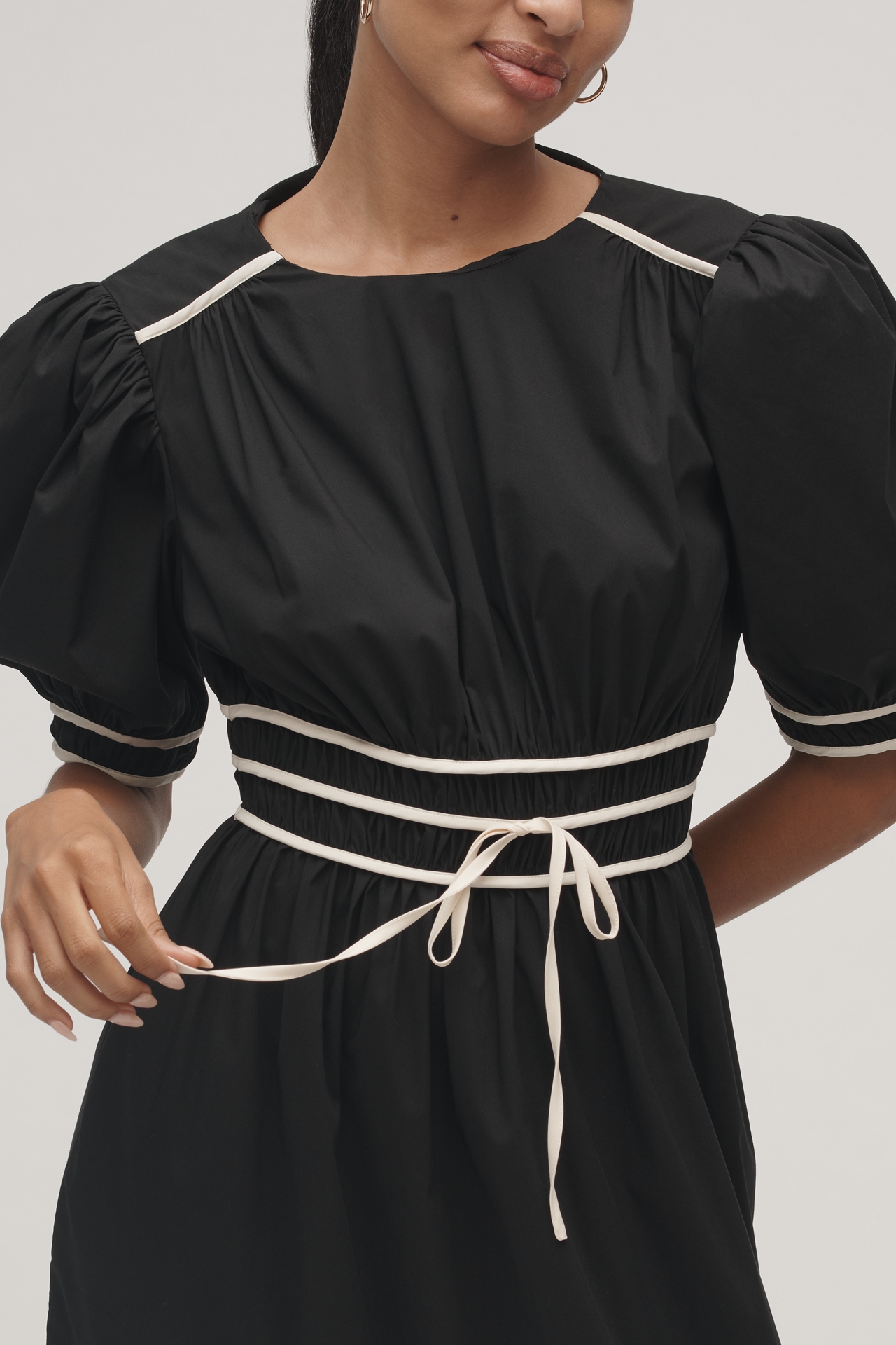 English Factory Puff-Sleeve Piped Midi Dress