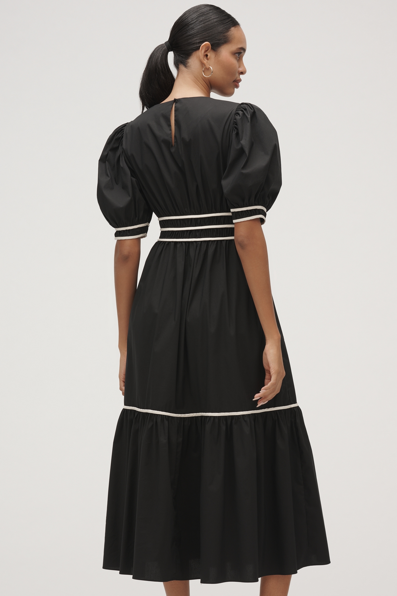 English Factory Puff-Sleeve Piped Midi Dress