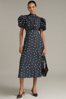 English Factory Mock-neck A-line Midi Dress In Blue