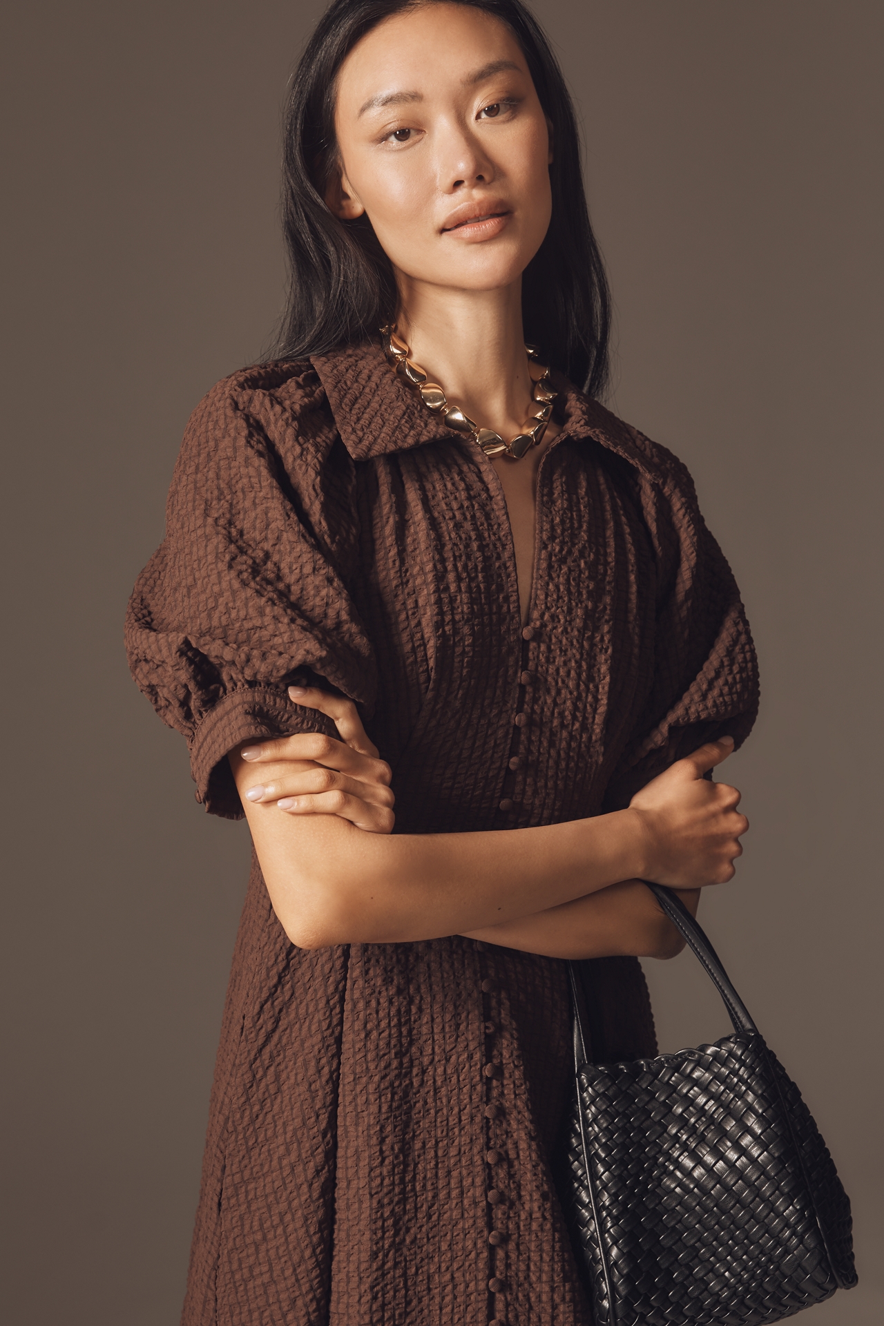 English Factory Puff-Sleeve Textured Midi Shirt Dress