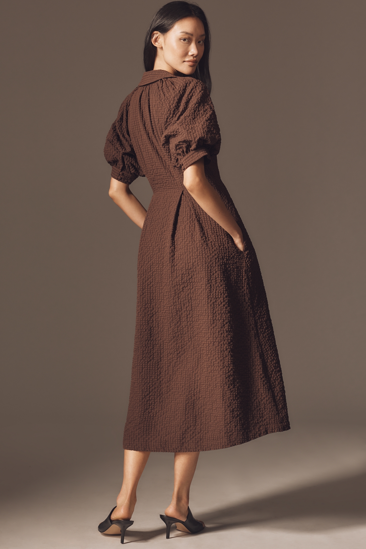 English Factory Puff-Sleeve Textured Midi Shirt Dress
