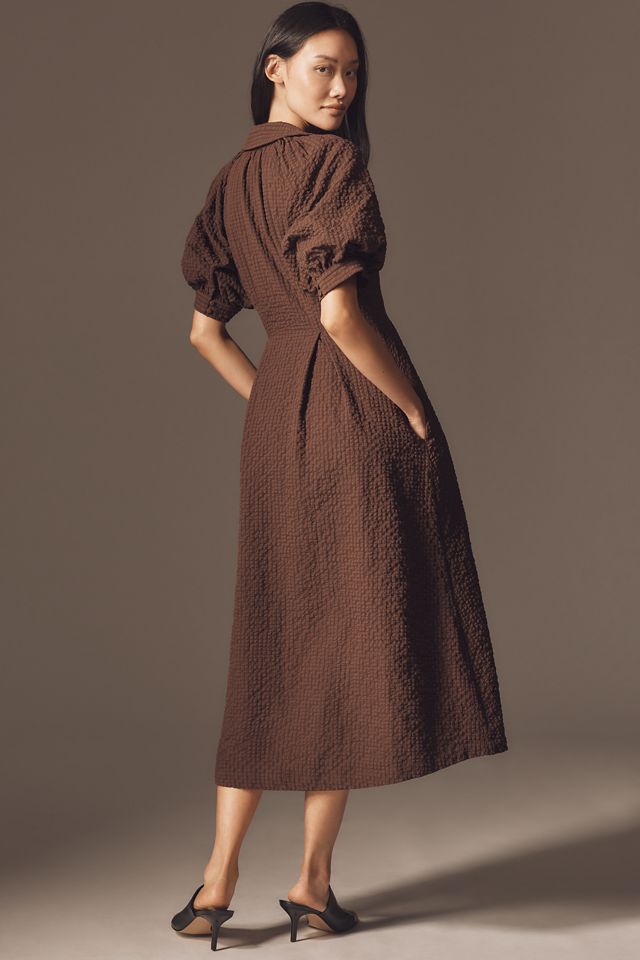 English Factory Puff-Sleeve Textured Midi Shirt Dress