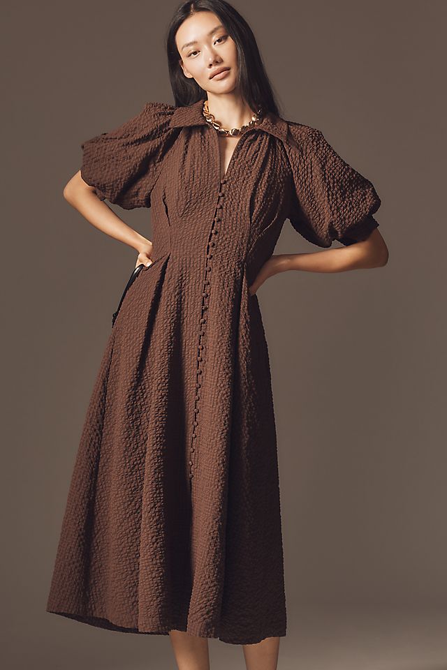 brown midi dress with sleeves Fit and Flare Long Sleeve in | Vintage Flare A hidden back zipper ensures a secure English Factory Puff-Sleeve Textured Midi