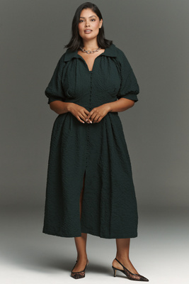 Puff-Sleeve Textured Midi Shirt Dress