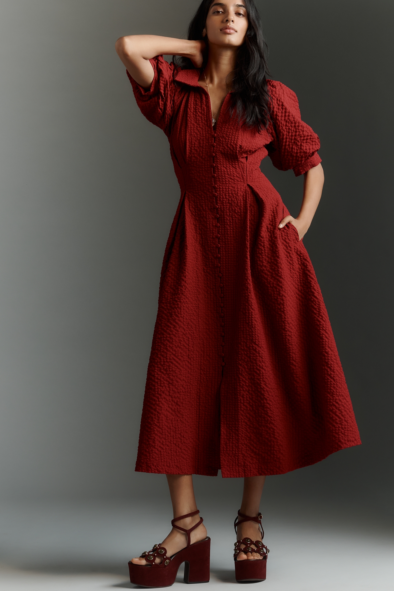English Factory Puff-Sleeve Textured Midi Shirtdress