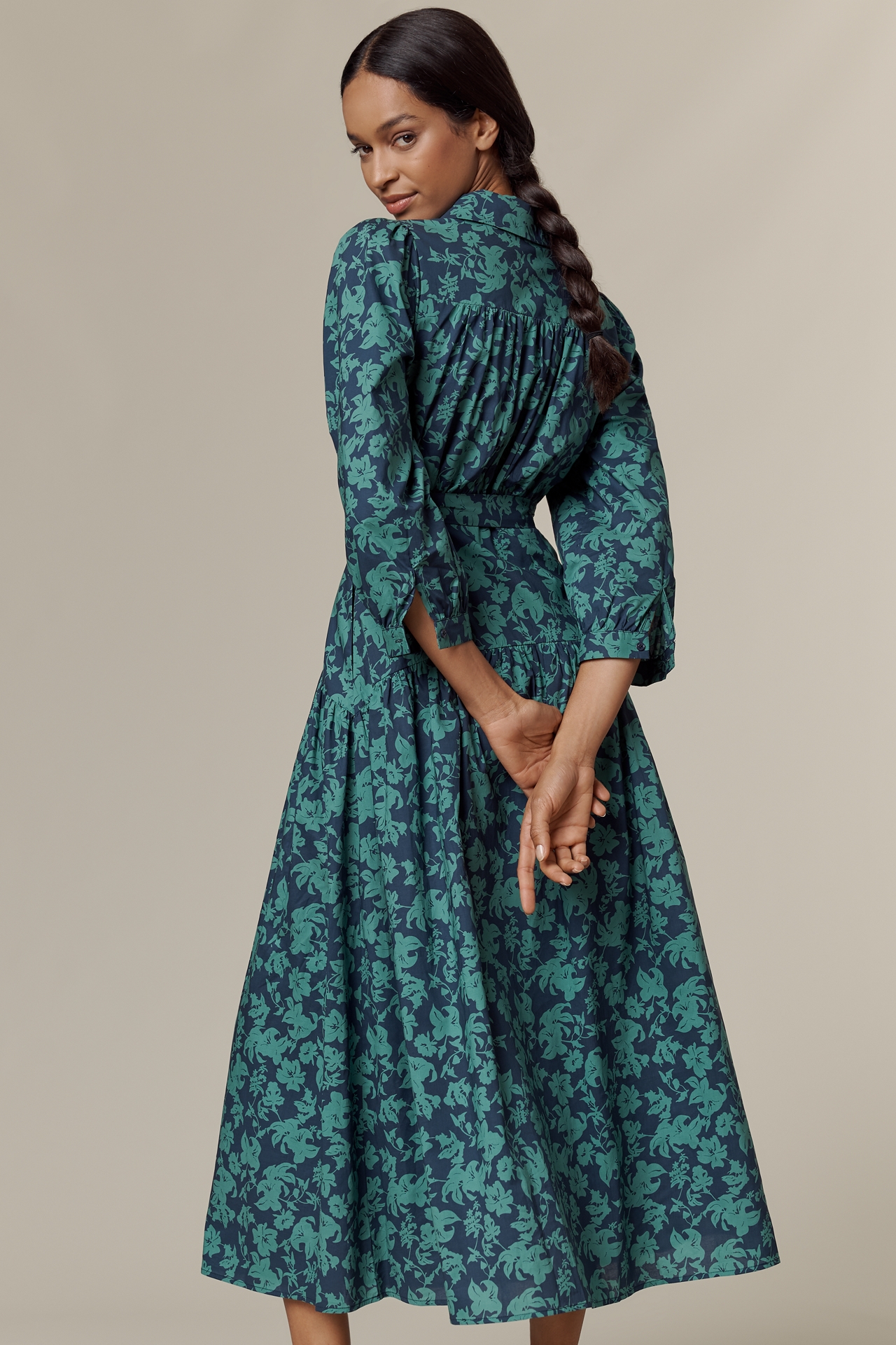 English Factory Long-Sleeve Belted Midi Shirt Dress