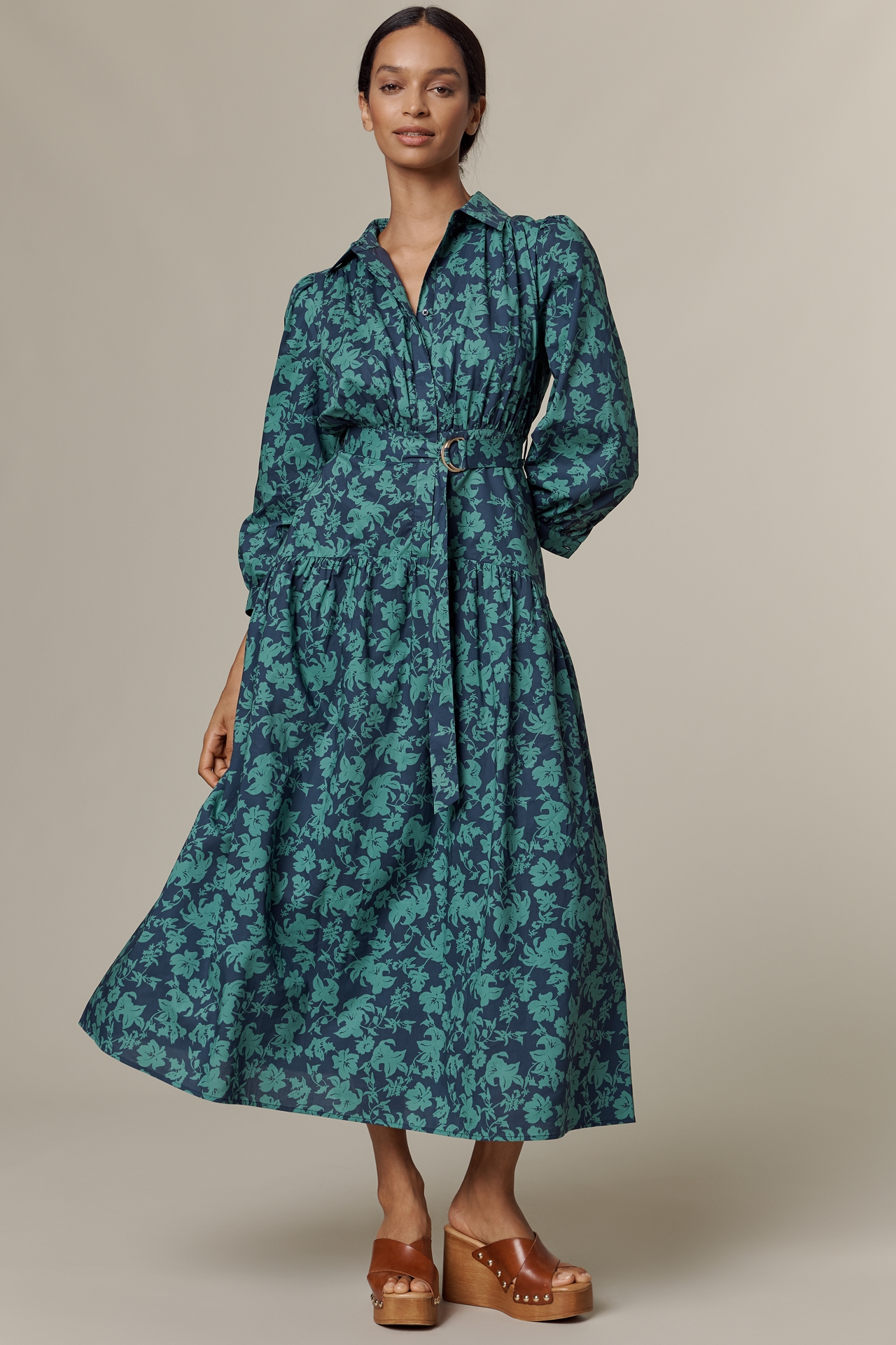 English Factory Long-Sleeve Belted Midi Shirt Dress