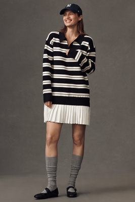 English Factory Long-sleeve Polo Twofer Mini Dress In Black