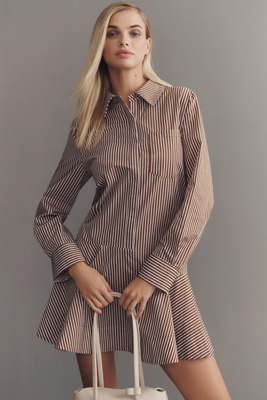 English Factory Long-sleeve Drop-waist Mini Shirt Dress In Brown