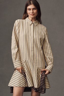 English Factory Texture Collar Long Sleeve Mini Shirtdress In Neutral
