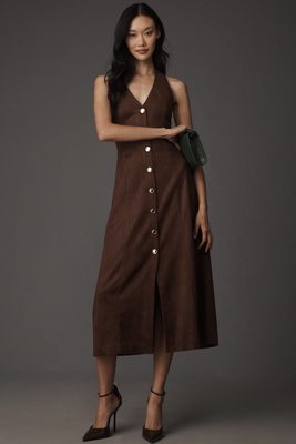Endless Rose Faux-suede Halter V-neck Midi Dress In Brown