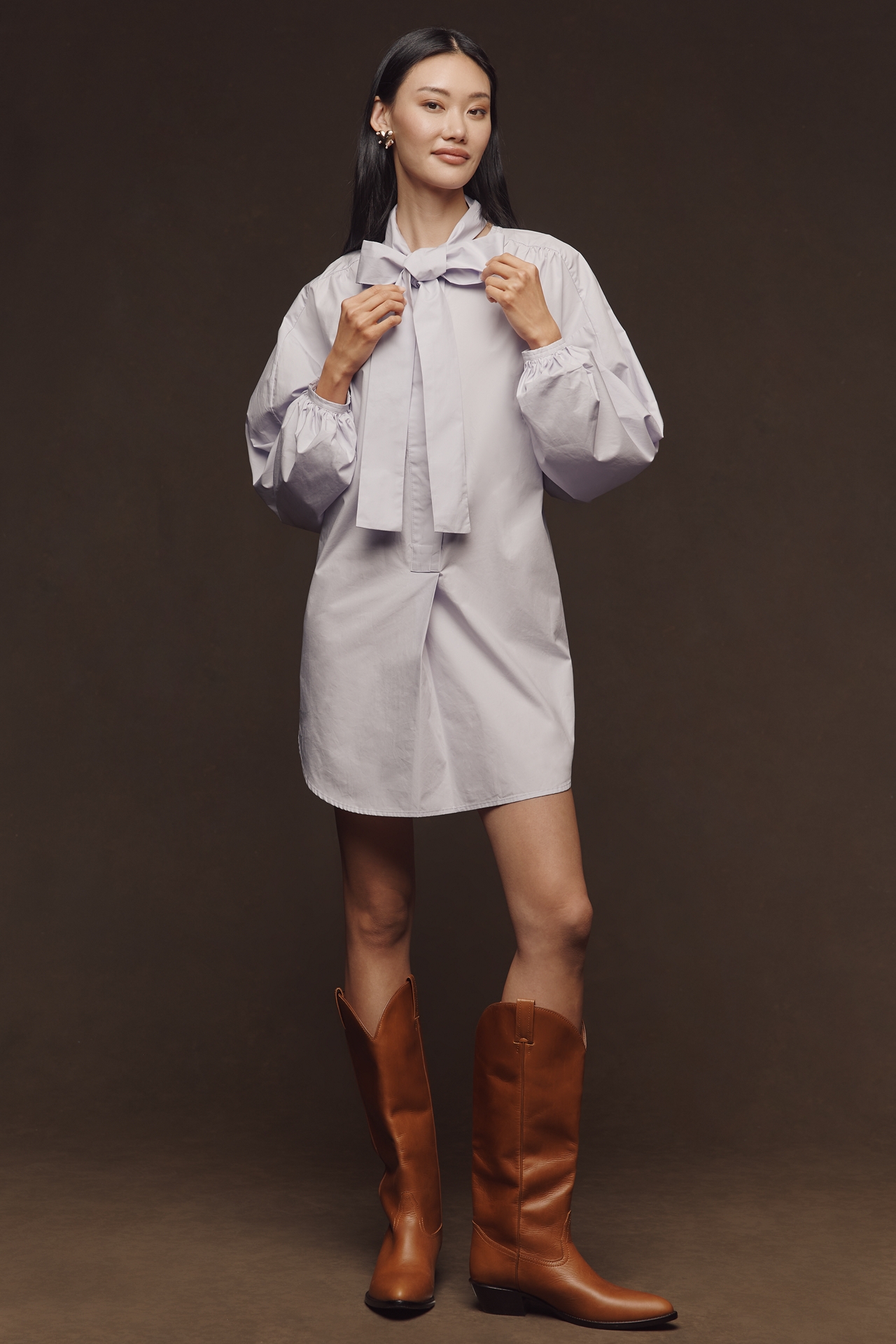 English Factory Cotton Tie-Neck Mini Shirt Dress