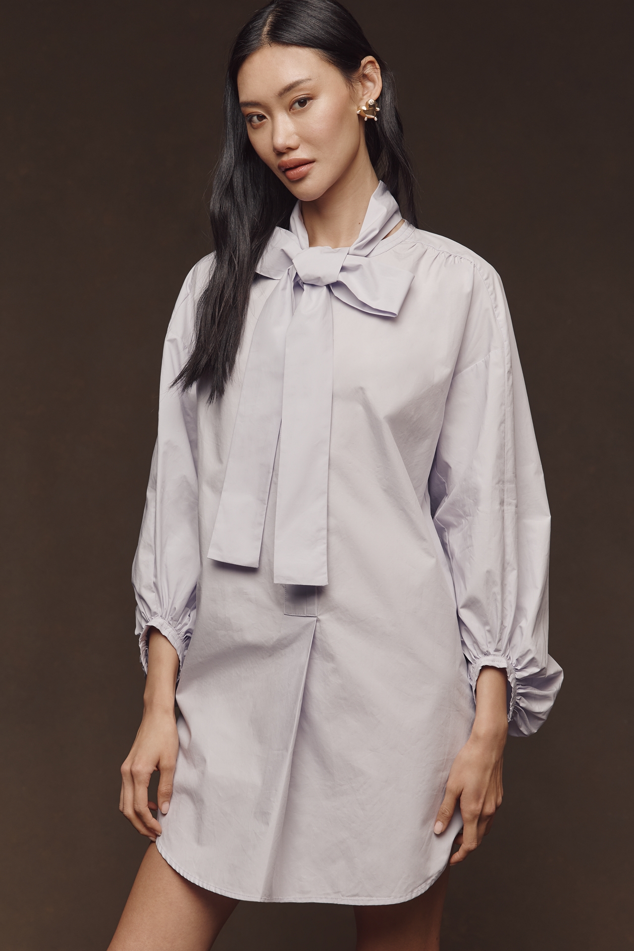 English Factory Cotton Tie-Neck Mini Shirt Dress