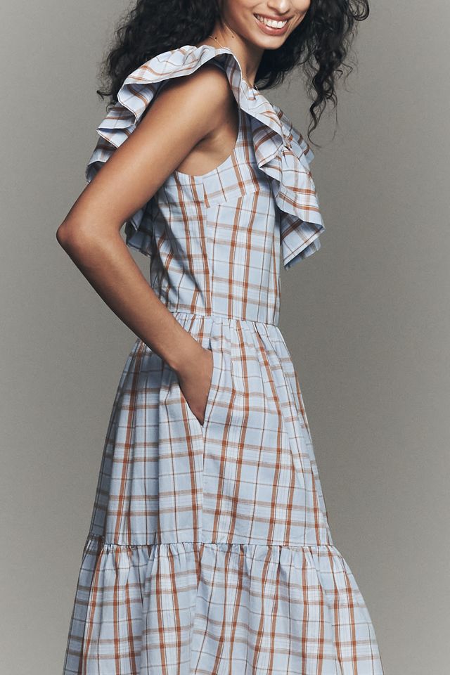 English Factory - Plaid Midi Dress With Ruffle Neckline Purple / XS