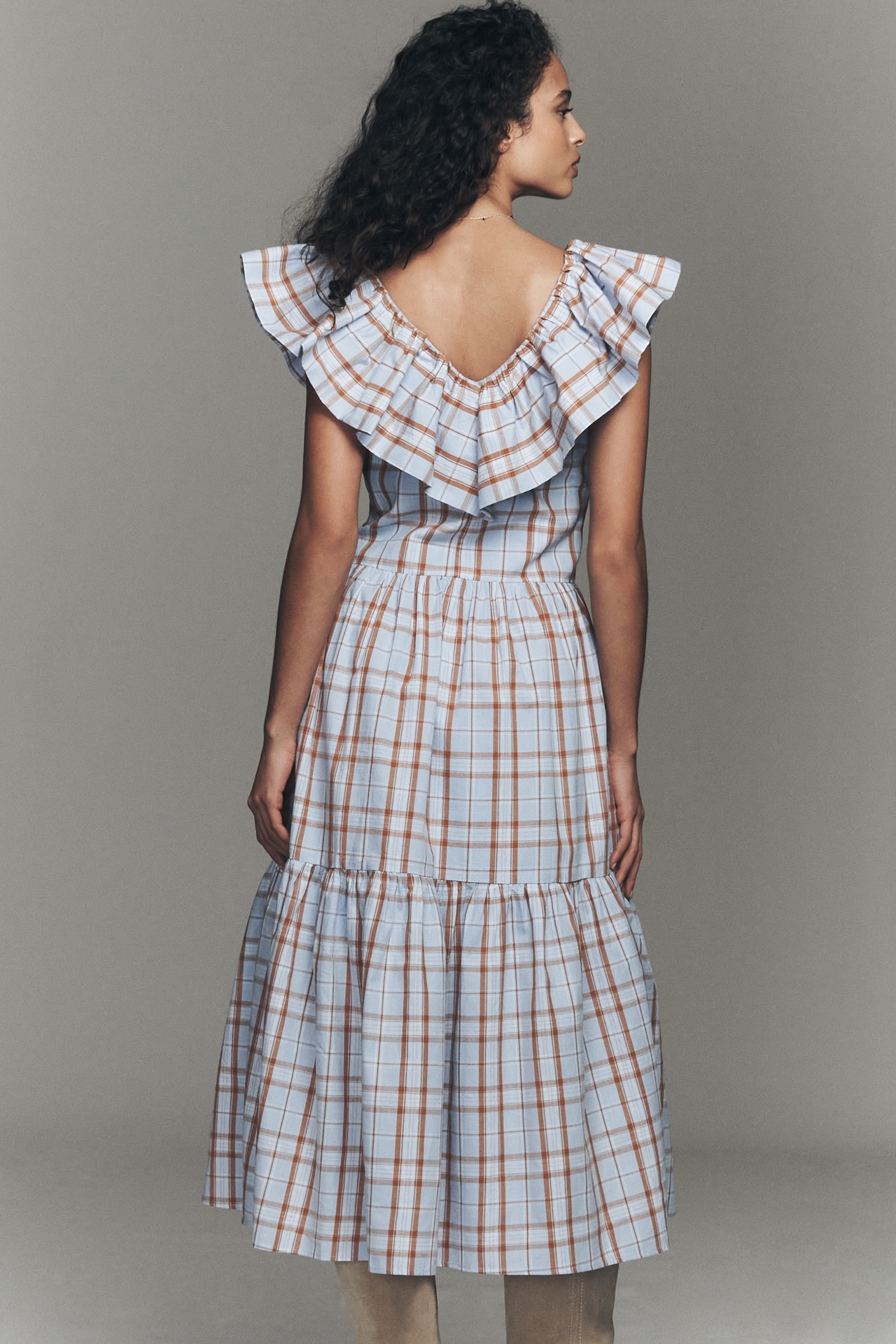 English Factory Cotton Ruffle-Neck Midi Dress